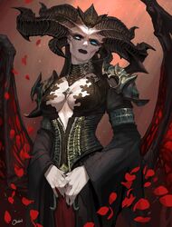  absurdres armlet armor artist_name between_breasts black_dress black_hair black_horns black_nails black_theme black_wings breasts commentary cowboy_shot curled_horns demon_girl demon_horns demon_wings detached_collar diablo_(series) diablo_4 dress facial_mark female fingernails hashtag-only_commentary head_tilt heterochromia highres horns jewelry lilith_(diablo) long_sleeves looking_at_viewer monster_girl multiple_horns ori_dal own_hands_together pauldrons petals plunging_neckline red_background red_wings shoulder_armor simple_background solo underbust veins wide_sleeves wings zipper 