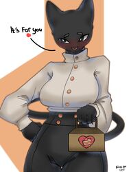  3:4 anthro black_body black_fur cat_tail clothed clothing domestic_cat felid feline felis female fur gift hi_res mammal rizal_ok solo tsundere white_clothing 