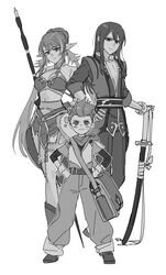  2boys absurdres bag breasts cleavage closed_mouth female full_body greyscale hands_on_own_hips highres holding holding_polearm holding_sword holding_weapon judith_(tales) karol_capel long_hair looking_at_viewer monochrome multiple_boys navel pointy_ears polearm short_hair shoulder_bag simple_background smile standing sword tales_of_(series) tales_of_vesperia weapon white_background yacht_king yuri_lowell 