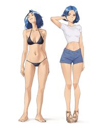  absurdres arm_behind_head barefoot bikini black_bikini blue_hair blue_shorts breasts closed_eyes commentary crop_top cropped_shirt feet female full_body halterneck hand_in_own_hair high_heels highres legs medium_breasts midriff navel orange_eyes original sandals short_shorts shorts strappy_heels string_bikini swimsuit tbocart toenails toes 