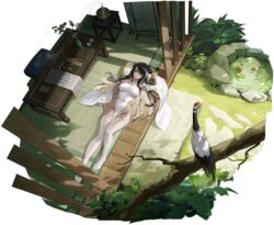  absurdres armpits azur_lane black_hair blonde_hair breasts china_dress chinese_clothes colored_inner_hair dark-skinned_female dark_skin detached_sleeves double_bun dress feet female from_above green_eyes groin hair_bun hair_over_one_eye haori_io highres large_breasts legs logo long_hair looking_at_viewer lying multicolored_hair no_panties no_shoes non-web_source northampton_(azur_lane) northampton_ii_(azur_lane) northampton_ii_(comfy_crane_amidst_the_clouds)_(azur_lane) official_alternate_costume official_art on_back parted_lips pelvic_curtain pillow scroll see-through see-through_thighhighs solo thighhighs toes white_dress white_sleeves white_thighhighs 