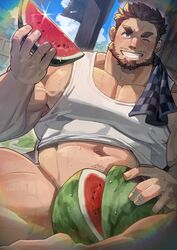  1boy absurdres bara beard blue_eyes blush bottomless brown_hair day facial_hair food fruit highres holding holding_food large_pectorals looking_at_viewer male_focus muscular muscular_male navel oji-mama_(skskdan) one_eye_closed outdoors pectorals short_hair sisimaru_hoshiura sitting sky solo syukapong tank_top teeth watermelon watermelon_slice white_tank_top 