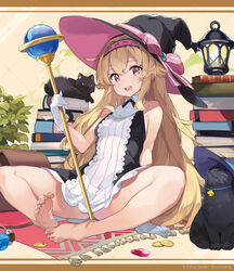  :d bare_legs barefoot black_cat black_dress black_headwear blonde_hair blush book book_stack breasts coin commentary_request dress feet feline female full_body gem gloves hairband hat hat_ribbon highres holding holding_wand indoors lantern legs little_witch_nobeta long_hair looking_at_viewer nobeta official_art oneko open_mouth panties panty_peek phyllis_(cat)_(little_witch_nobeta) phyllis_(little_witch_nobeta) pink_hairband red_eyes ribbon second-party_source short_dress sitting sleeveless sleeveless_dress small_breasts smile soles solo spread_legs thighs toe_scrunch toes two-tone_dress underwear very_long_hair wand white_dress white_gloves white_panties witch_hat 