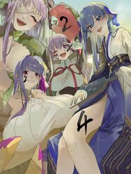  4girls anmochi_mochi bandage_over_one_eye bandaged_head bandages bare_shoulders bb_(fate) bb_(fate/extra) black_coat black_skirt blue_eyes blue_kimono blue_ribbon blush body_writing breasts calligraphy_brush center_opening claw_(weapon) claws closed_eyes coat collar collared_shirt criss-cross_halter fate/extra fate/extra_ccc fate/extra_ccc_fox_tail fate/grand_order fate_(series) flower giant giantess gigantic_breasts gloves grin hair_flower hair_ornament hair_ribbon halterneck high-waist_skirt highres horns huge_breasts japanese_clothes kimono kingprotea_(fate) kingprotea_(second_ascension)_(fate) large_breasts long_hair long_sleeves looking_at_viewer meltryllis_(fate) moss multiple_girls neck_ribbon o-ring obi one_eye_closed open_clothes open_coat open_mouth paintbrush passionlip_(fate) pink_eyes pink_ribbon popped_collar purple_eyes purple_hair red_ribbon ribbon sash sharp_teeth shirt skirt sleeves_past_fingers sleeves_past_wrists small_breasts smile teeth thighs two-tone_kimono v very_long_hair weapon white_gloves white_kimono white_shirt wide_sleeves 