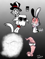  2019 8-bit-britt anthro bag black_body black_clothing black_ears black_fur black_hat black_headwear black_top_hat blue_eyes bunnicula bunnicula_(series) chester_(bunnicula) clothing collar digital_media_(artwork) domestic_cat earthworm_jim earthworm_jim_(series) fangs felid feline felis fur ghost grin group half-closed_eyes happy hat head_bag headgear headwear hi_res lagomorph leporid long_ears male mammal multicolored_body multicolored_fur narrowed_eyes on_top pink_body rabbit red_clothing red_collar red_eyes red_hat red_headwear red_sclera red_top_hat sharp_teeth smile spirit standing teeth tongue tongue_out top_hat two_tone_body two_tone_fur two_tone_hat two_tone_top_hat vampire villainous_(series) white_body white_fur white_nose worm 