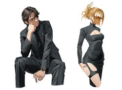  1boy absurdres black_dress black_eyes black_hair black_jacket black_pants black_shrug blonde_hair breasts cleavage cleavage_cutout clothing_cutout commentary dress facial_hair female garter_straps goatee hand_on_own_ass head_rest highres invisible_chair jacket medium_breasts original pants shrug_(clothing) side_slit sitting skindentation suit_jacket tbocart thigh_strap turtleneck watch wristwatch 