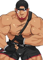  1boy abs backwards_hat bag bara baseball_cap beard bulge cowboy_shot dark-skinned_male dark_skin facial_hair fire_wrestler_(live_a_hero) flexing flexing_pectorals frown full_beard hat highres kansuke_(kansuke_717) large_pectorals live_a_hero looking_at_viewer male_focus mature_male muscular muscular_male nipples pectorals sanpaku short_hair short_shorts shorts shoulder_bag sitting solo thick_beard thick_eyebrows thick_thighs thighs topless_male 