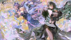  2girls absurdres azur_lane bare_shoulders black_dress black_hair blue_dress breasts chi_an_(azur_lane) china_dress chinese_clothes closed_mouth commentary company_connection company_name copyright_name dress english_commentary feather_trim floral_background green_eyes highres holding huan_ch&#039;ang_(azur_lane) kei_(keiuu) large_breasts lips logo long_dress long_hair looking_at_viewer mask multiple_girls official_art parted_lips petals purple_eyes purple_hair second-party_source see-through sleeveless sleeveless_dress smile 