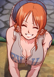  ^_^ all_fours aosora2823 blue_shorts breasts cleavage closed_eyes collarbone commentary_request dress female grey_shirt highres large_breasts nami_(one_piece) one_piece one_piece:_dead_end_adventure orange_hair shirt short_hair shorts shoulder_tattoo sleeveless sleeveless_shirt smile solo tattoo 