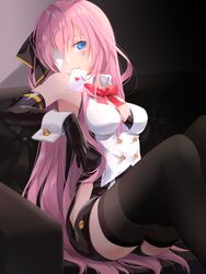  aira_(exp) blackjack_(vocaloid) blue_eyes bow bowtie breasts buttons card cleavage collared_shirt commentary_request double-breasted elbow_gloves facial_mark female gloves hairbow heart heart_facial_mark highres knees_up long_hair looking_at_viewer megurine_luka mouth_hold one_eye_covered pink_hair playing_card project_diva_(series) shirt shorts sitting sleeveless sleeveless_shirt smile solo temptation_(module) thighhighs very_long_hair vocaloid wrist_cuffs 