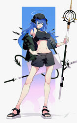  absurdres alternate_costume anklet arknights baseball black_halo black_headwear black_horns black_shorts blue_eyes blue_hair breasts crop_top demon_horns demon_tail detached_wings english_commentary female full_body gradient_background green_jacket halo hand_on_own_hip highres holding holding_staff horns jacket jewelry large_breasts legs long_hair midriff mostima_(arknights) navel off_shoulder open_clothes open_mouth postalworks sandals shorts solo sports_sandals staff tail white_halo wings 