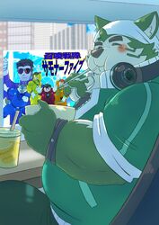  anthro bandana blush bodysuit canid canine canis chubby_protagonist_(tas) clothing domestic_dog eating electronics eyebrows food fur green_body green_fur headphones headphones_around_neck hi_res kengo_(tas) kerchief kusarikakemono lifewonders live_a_hero male mammal mokdai moritaka_(tas) noodles overweight protagonist_(tas) ramen ryouta_yakushimaru shirou_motoori skinsuit solo spandex superhero thick_eyebrows tight_clothing tokyo_afterschool_summoners watching_tv 