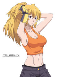  1girls alternate_hairstyle armpits arms_behind_head blonde_female blonde_hair busty cleavage confident large_breasts midriff ponytail pose posing purple_hair robotic_arm rwby sensual smile stomach tank_top tehshraid tied_hair toned yang_xiao_long 