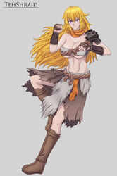  1girls blonde_female blonde_hair caveman_times cavewoman covered_nipples crossover elden_ring fromsoftware homeless homeless_warrior long_hair long_hair_female nepheli_loux purple_eyes rwby stomach tehshraid warrior yang_xiao_long 