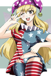  ;d alternate_legwear american_flag american_flag_dress american_flag_legwear american_flag_panties american_flag_print bad_id bad_pixiv_id blonde_hair blue_background blush breasts circle clothes_lift clownpiece cowboy_shot dress dress_lift eyebrows female fingernails flag_print flashing frilled_shirt_collar frills hand_up hat heart jester_cap letterboxed long_hair looking_at_viewer lowleg lowleg_panties medium_breasts nail_art nail_polish neck_ruff neko_nami83 one_eye_closed open_mouth panties print_dress print_panties print_thighhighs purple_eyes round_teeth short_dress short_sleeves simple_background smile solo star_(symbol) star_print striped_clothes striped_dress striped_panties striped_thighhighs teeth thighhighs thighs tongue touhou triangle underwear v_over_eye very_long_hair w 