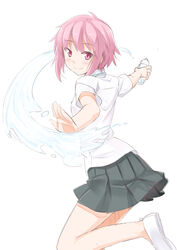  blush bottle commentary_request d-frag! female looking_at_viewer miri_(ago550421) mizukami_sakura no_socks pink_eyes pink_hair pleated_skirt school_uniform short_hair skirt smile solo water water_bottle white_background 