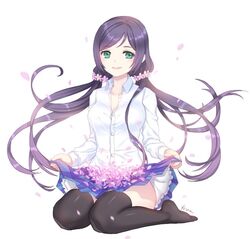  black_thighhighs briska clothes_lift commentary_request dress_shirt female flower green_eyes hair_flower hair_ornament kneeling knees_together_feet_apart long_hair looking_at_viewer love_live! love_live!_school_idol_project no_shoes otonokizaka_school_uniform petals petticoat photoshop_(medium) school_uniform shirt signature simple_background sitting skirt skirt_basket skirt_lift slip_showing solo thighhighs tojo_nozomi twintails wariza 