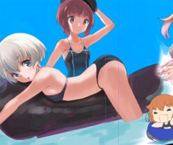  3girls adapted_costume alternate_costume bare_arms bare_shoulders bikini blue_eyes brown_hair commentary_request gale_kawaii grey_hair ikazuchi_(kancolle) kantai_collection looking_at_viewer multiple_girls one-piece_swimsuit partially_submerged school_swimsuit short_hair swimsuit unfinished z1_leberecht_maass_(kancolle) z3_max_schultz_(kancolle) 