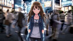  artist_request blue_eyes brown_hair building city clock collarbone crowd denim denim_jacket earrings female hands_in_pockets highres idolmaster idolmaster_cinderella_girls idolmaster_cinderella_girls_starlight_stage jacket jeans jewelry long_hair looking_at_viewer motion_blur necklace official_art official_wallpaper open_clothes open_jacket outdoors pants pavement print_shirt shibuya_rin shirt sign smile solo_focus source_request stage_of_magic_(idolmaster) unbuttoned zipper 