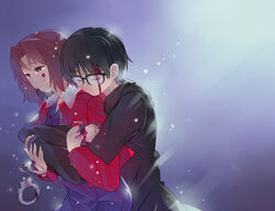  1boy black_hair blood blood_on_face brown_eyes commentary_request couple crying crying_with_eyes_open cuffs female glasses handcuffs happy_tears highres hug hug_from_behind jacket japanese_clothes kara_no_kyoukai kimono kokutou_mikiya light_smile luo. over-rim_eyewear red_jacket ryougi_shiki semi-rimless_eyewear straight tears 