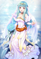  aqua_hair bare_shoulders bouquet breasts bridal_gauntlets bride cleavage commentary_request dress female fire_emblem fire_emblem:_the_blazing_blade fire_emblem_heroes flower hair_ornament highres large_breasts long_hair looking_at_viewer ninian_(bridal)_(fire_emblem) ninian_(fire_emblem) open_mouth red_eyes sash smile solo sparkle wedding_dress white_dress yuino_(fancy_party) 