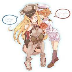  1boy admiral_(kancolle) bismarck_(kancolle) bismarck_kai_(kancolle) blue_eyes blush boots bouquet breasts commentary_request female flower german_text gloves grey_footwear grey_legwear hat kantai_collection kissing large_breasts little_boy_admiral_(kancolle) long_hair military military_hat military_uniform mutou_(hai247) one_eye_closed panties peaked_cap speech_bubble sweat thighhighs translated underwear uniform 