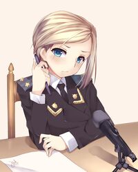  blonde_hair blue_eyes blush bonkiru commentary epaulettes female microphone military military_uniform natalia_poklonskaya necktie pen real_life republic_of_crimea russia short_hair solo uniform white_background 