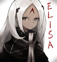  bad_id bad_pixiv_id black_cloak character_name cloak ddari elisa_(girls&#039;_frontline) facial_mark female forehead_mark girls&#039;_frontline grey_eyes hair_ornament highres long_hair looking_at_viewer sangvis_ferri simple_background solo upper_body very_long_hair white_hair 