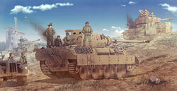  6+boys balkenkreuz blonde_hair blue_sky brown_hair cannon car caterpillar_tracks cloud commentary cross day earasensha garrison_cap hat jacket military military_uniform military_vehicle motor_vehicle multiple_boys original outdoors panther_(tank) pants panzer_iv peaked_cap photoshop_(medium) sdkfz_9 sky tank turret uniform windmill world_war_ii 