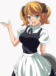  aletta apron blonde_hair blush commentary_request female green_eyes horns isekai_shokudou looking_at_viewer open_mouth photoshop_(medium) ra-pen short_hair smile solo tray twintails waitress 