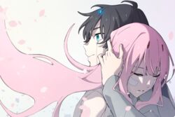  1boy bandaid bandaid_on_face black_hair blue_eyes blue_horns broken_horn closed_eyes commentary_request couple crying crying_with_eyes_open darling_in_the_franxx female hand_on_another&#039;s_head highres hiro_(darling_in_the_franxx) horns hug leje39 long_hair long_sleeves military military_uniform nightgown oni_horns petals pink_hair protected_link red_horns straight tears uniform white_nightgown zero_two_(darling_in_the_franxx) 