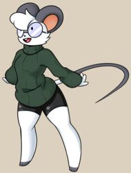  2017 anthro chloe_(honky_kat) clothing eyewear female fur glasses hair hi_res honky_kat mammal mouse murid murine rodent solo spandex sweater tight_clothing topwear white_body white_fur 