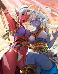  2girls arm_up armpits asymmetrical_docking bad_id bad_pixiv_id blue_oni blue_skin boots braid breast_press breasts colored_skin ddongu fundoshi grin highres horns hug japanese_clothes long_hair medium_breasts multiple_girls no_pants oni original photoshop_(medium) pointy_ears red_oni red_skin short_hair single_horn skull smile staff very_long_hair weapon white_hair yellow_eyes 