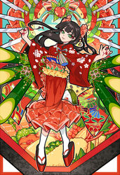  :3 arms_up artist_name bento black_hair blunt_bangs border bow character_request commentary_request dot_nose egasumi eyelashes eyeshadow female floral_print food food-themed_clothes food-themed_hair_ornament full_body green_eyes hair_ornament half-closed_eyes japanese_clothes kimono knife long_hair long_sleeves looking_at_viewer lotus_root makeup nail_polish nengajou new_year obi okobo original parted_bangs parted_lips partial_commentary print_kimono red_border red_kimono red_nails sandals sash shi_jun_ti shrimp shrimp_tempura solo tabi tassel tempura thick_eyebrows two_side_up white_legwear wide_sleeves 