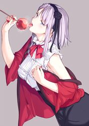  bare_shoulders black_flower black_ribbon black_rose black_skirt blue_eyes blush breasts candy_apple commentary_request dagashi_kashi female flower food frilled_shirt frills hair_flower hair_ornament hair_ribbon hairband high-waist_skirt leaning_forward licking light_purple_hair looking_at_viewer medium_breasts nail_polish nanao_(mahaya) neckerchief open_clothes open_robe red_nails red_ribbon ribbon ringed_eyes robe rose sexually_suggestive shidare_hotaru shirt short_hair skirt sleeveless sleeveless_shirt solo tongue tongue_out upper_body 