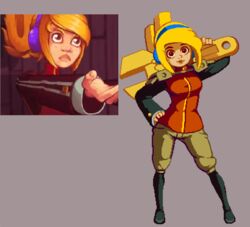  blonde_hair boots brown_eyes commentary comparison contrapposto culottes english_commentary female half_updo hand_on_own_hip headphones huge_weapon jacket joakim_sandberg knee_boots lips long_hair pixel_art robin_(the_iconoclasts) solo standing the_iconoclasts weapon wrench 