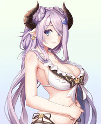  bikini blue_eyes braid breasts cleavage commentary_request double_bun draph earrings eyes_visible_through_hair female frills from_side gradient_background granblue_fantasy hair_bun hair_ornament hair_over_one_eye hairclip highres horns jewelry large_breasts long_hair looking_at_viewer muji_(majunduo) narmaya_(granblue_fantasy) narmaya_(summer)_(granblue_fantasy) official_alternate_costume own_hands_together parted_lips pointy_ears purple_hair side-tie_bikini_bottom sidelocks simple_background smile solo swimsuit white_bikini 