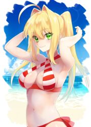  ahoge alternate_hairstyle arms_up beach bikini blonde_hair breasts commentary_request criss-cross_halter day fate/grand_order fate_(series) female gen_(gen_m_gen) green_eyes hair_between_eyes hair_intakes halterneck lens_flare long_hair looking_at_viewer medium_breasts navel nero_claudius_(fate) nero_claudius_(swimsuit_caster)_(fate) outdoors smile striped_bikini striped_clothes swimsuit twintails underbust 