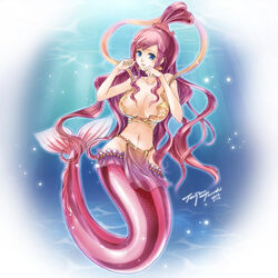  bare_arms bare_shoulders bikini bikini_top_only blue_eyes blush breasts closed_mouth collarbone commentary earrings female full_body groin hair_rings jewelry kneeless_mermaid large_breasts loincloth long_hair looking_at_viewer mermaid monster_girl navel one_piece pelvic_curtain photoshop_(medium) pink_hair shell shell_earrings shirahoshi sidelocks solo stomach swimsuit tenjou_tsuki underwater very_long_hair 