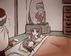  1boy 2girls christmas christmas_stocking commentary_request family finger_to_mouth futon hat kara_no_kyoukai kokutou_mikiya mirror multiple_girls ohitashi_netsurou ryougi_mana ryougi_shiki santa_costume santa_hat shushing sleeping 