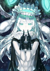  abyssal_ship cape commentary female fingersmile gloves glowing glowing_eyes green_eyes hat highres kantai_collection leung_ka_che long_hair navel open_mouth pale_skin smile solo teeth wo-class_aircraft_carrier 