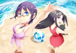  2girl bare_shoulders bikini black_hair blue_eyes blush bra breasts cleavage corpse_party dress glasses hair_ornament large_breasts long_hair looking_at_viewer looking_back multiple_girls open_mouth purple_eyes purple_hair saenoki_naho shinozaki_sachiko shiny shiny_hair shirowa short_hair smile stuffed_animal stuffed_toy swimsuit 