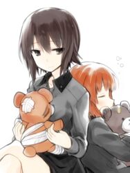  2girls black_skirt boko_(girls_und_panzer) brown_eyes brown_hair commentary_request girls_und_panzer grey_shirt kuromorimine_school_uniform miniskirt multiple_girls myama nishizumi_maho nishizumi_miho school_uniform shirt short_hair siblings sisters skirt sleeping stuffed_animal stuffed_toy teddy_bear white_background 