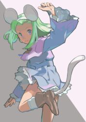  :3 animal_ears arm_up brave_fencer_musashiden brown_footwear capelet commentary_request dress female green_hair hairband leg_up long_sleeves looking_at_viewer looking_back mouse_ears mouse_girl mouse_tail purple_capelet purple_eyes sarmat shoes short_dress short_hair simple_background smile solo tail topo_(musashiden) two-tone_background wide_sleeves 