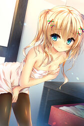  bare_shoulders black_pantyhose blonde_hair blue_eyes blush box breasts cleavage collarbone commentary_request female hair_ornament huei_nazuki indoors leaning_forward light_smile long_hair looking_at_viewer medium_breasts naked_towel original pantyhose solo towel towel_tug twintails x_hair_ornament 