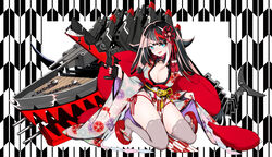  azur_lane bad_id bad_pixiv_id black_hair blue_eyes breasts cleavage commentary_request deutschland_(azur_lane) female gun hair_ornament highres japanese_clothes kimono large_breasts long_hair long_sleeves multicolored_hair nengajou new_year red_hair revision rigging streaked_hair takeakigaku thighhighs very_long_hair weapon wide_sleeves 