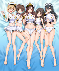  5girls :d adapted_costume aiba_yumi bare_legs barefoot bikini bikini_skirt black_hair blonde_hair blue_eyes blush breasts brown_eyes closed_mouth commentary_request full_body hair_between_eyes hairband half_updo hand_on_own_chest hand_up hands_up hat highres hip_focus idolmaster idolmaster_cinderella_girls large_breasts long_hair looking_at_viewer lying maruwa_tarou medium_breasts miniskirt multiple_girls navel nitta_minami on_back open_mouth parted_lips peaked_cap photoshop_(medium) sagisawa_fumika sailor seizon_honnou_valkyria_(idolmaster) short_hair side_ponytail skirt small_breasts smile swimsuit tachibana_arisu takamori_aiko tankini tareme thigh_gap thighs turtleneck wavy_hair white_bikini white_skirt wristband 