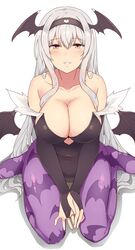  animal_print bad_id bad_pixiv_id bare_shoulders bat_print bat_wings blush breasts bridal_gauntlets cleavage cosplay demon_girl female grey_hair hairband head_wings highres kantai_collection large_breasts leotard long_hair morrigan_aensland morrigan_aensland_(cosplay) pantyhose print_pantyhose shoukaku_(kancolle) simple_background sitting smile solo suisen_toire_(moko924) vampire_(game) wariza white_background wings yellow_eyes 