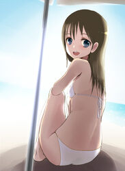  beach bikini black_eyes brown_hair commentary_request female from_behind highres long_hair looking_back original sitting solo swimsuit tera_(teraura) umbrella white_bikini 