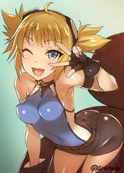  ;d ahoge artist_name ass bare_shoulders belt bent_over blonde_hair blue_eyes bodysuit brown_gloves commentary_request covered_navel female gloves goggles granblue_fantasy oerba_yun_fang one_eye_closed open_mouth pengy_(granblue_fantasy) photoshop_(medium) short_shorts shorts skin_tight smile solo takeda_aranobu w 